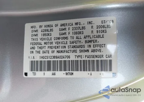 2009 Honda Accord 2.4 Lx-S z USA, uszkodzony, nr VIN 1HGCS12389A024706